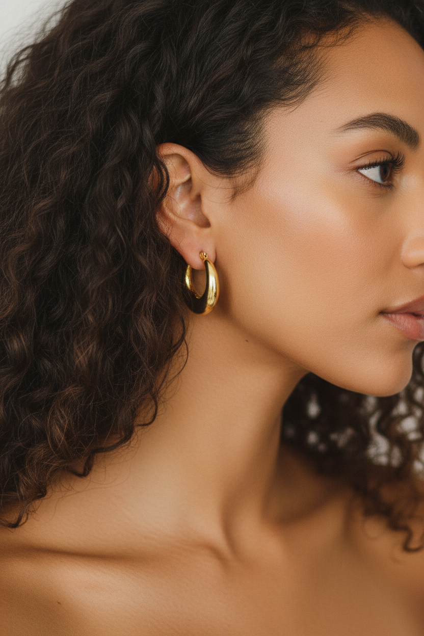 Artemisia Earrings on curly-haired model