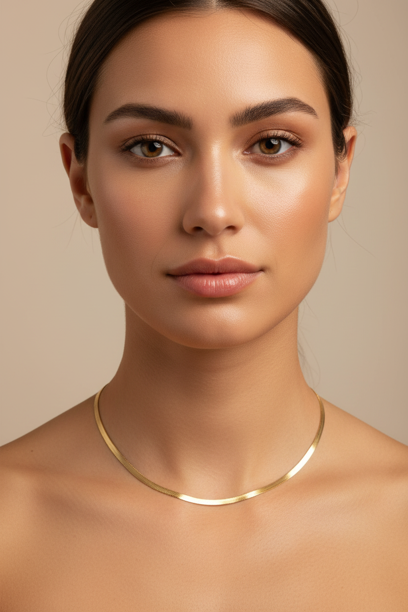 Flat herringbone chain necklace on model