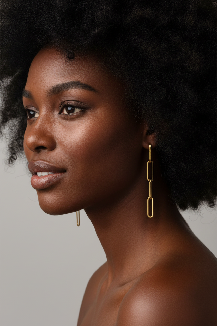 Naag Paper Clip Link Earrings on Black model with afro