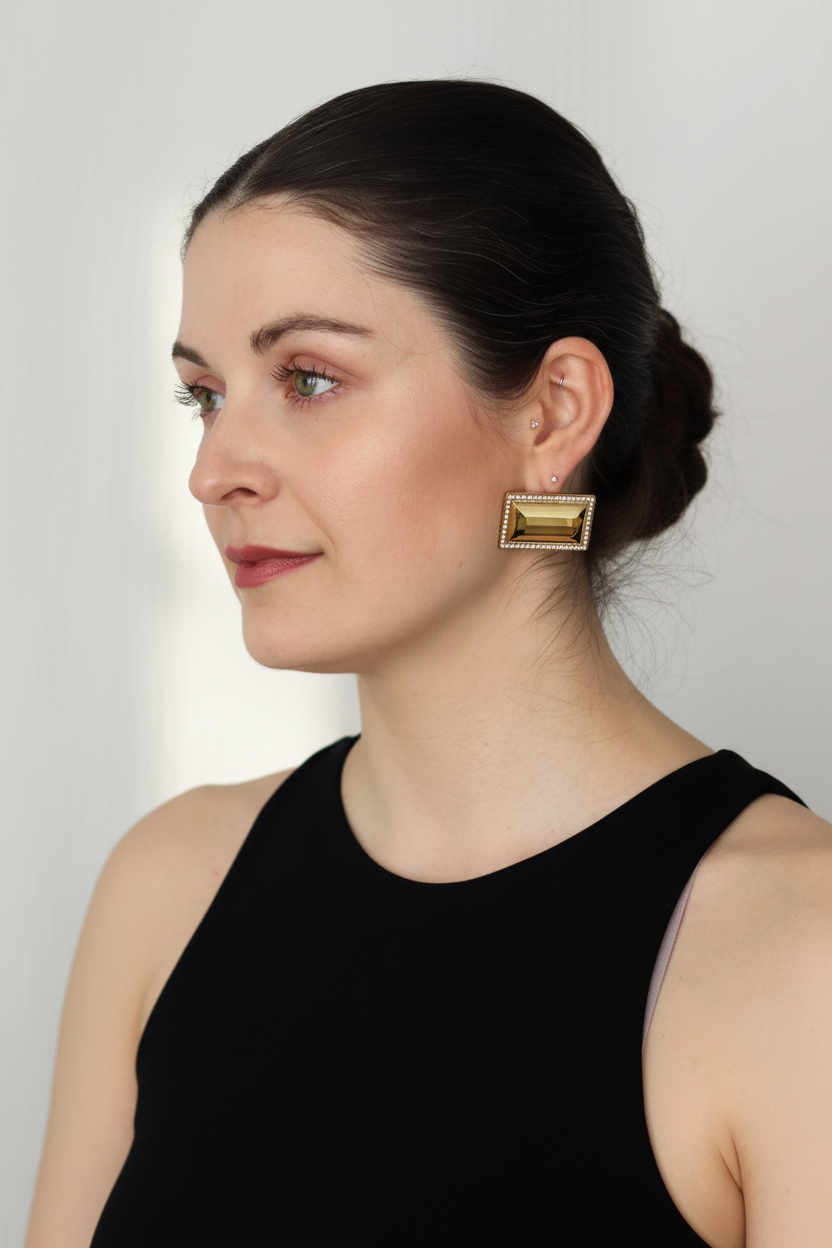 Rectangle Earring With Stones in gold on Caucasian model