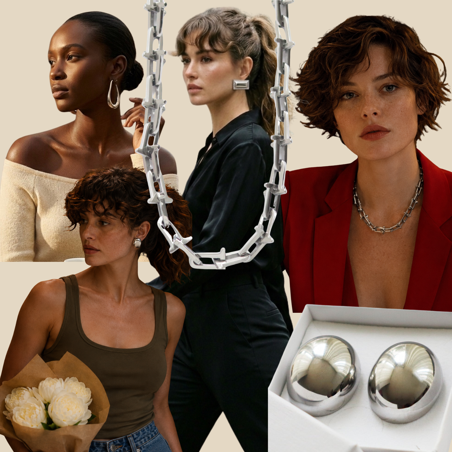 Collage of women wearing necklaces with a close-up of silver earrings in a box.