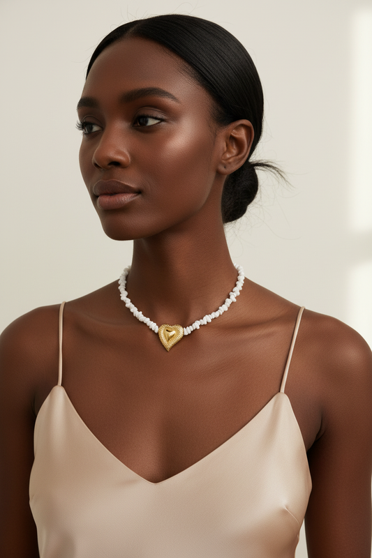 Amora Shell Heart Necklace on model