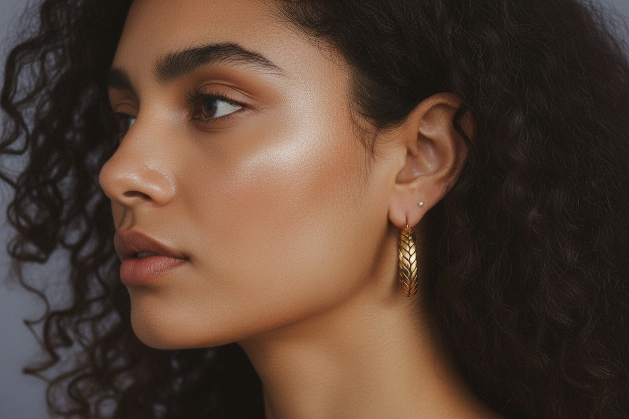 Chevron herringbone hoop earrings on curly haired model