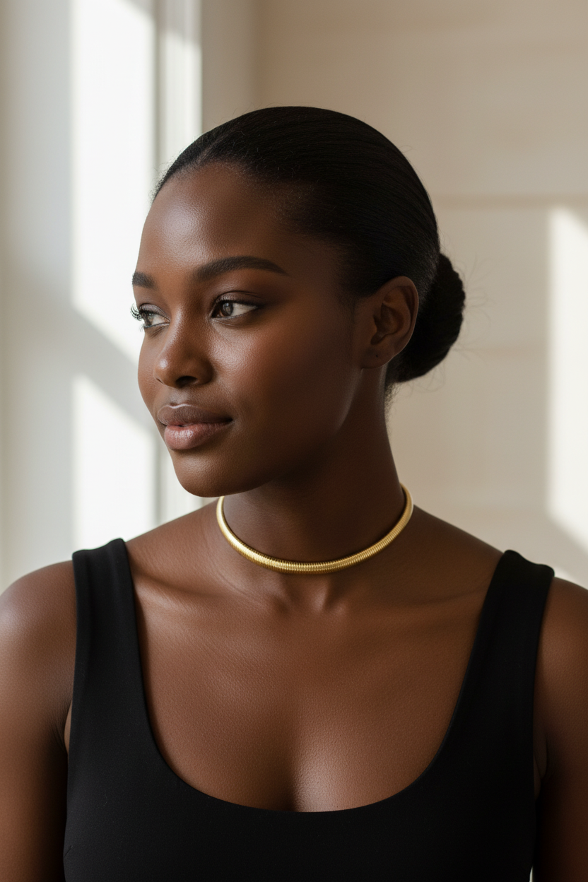 Chunky Belt Snake Chain Necklace in gold on Black model