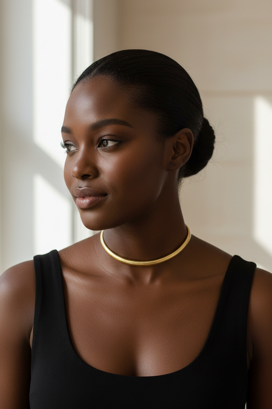 Chunky Belt Snake Chain Necklace in gold on Black model