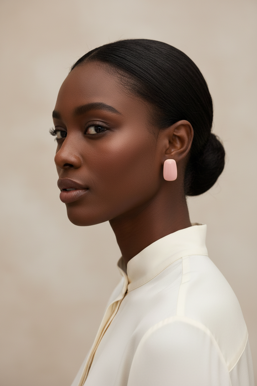 Colour Pop Enamel Earrings in blush pink on Black model