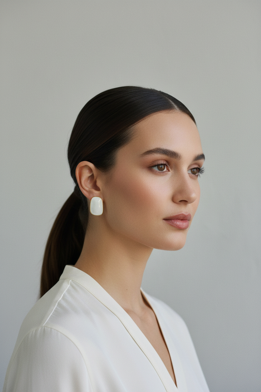 Colour Pop Enamel Earrings in white on model