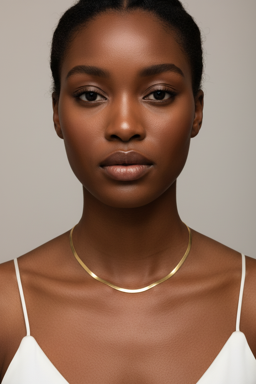 Flat herringbone chain necklace on dark skin model