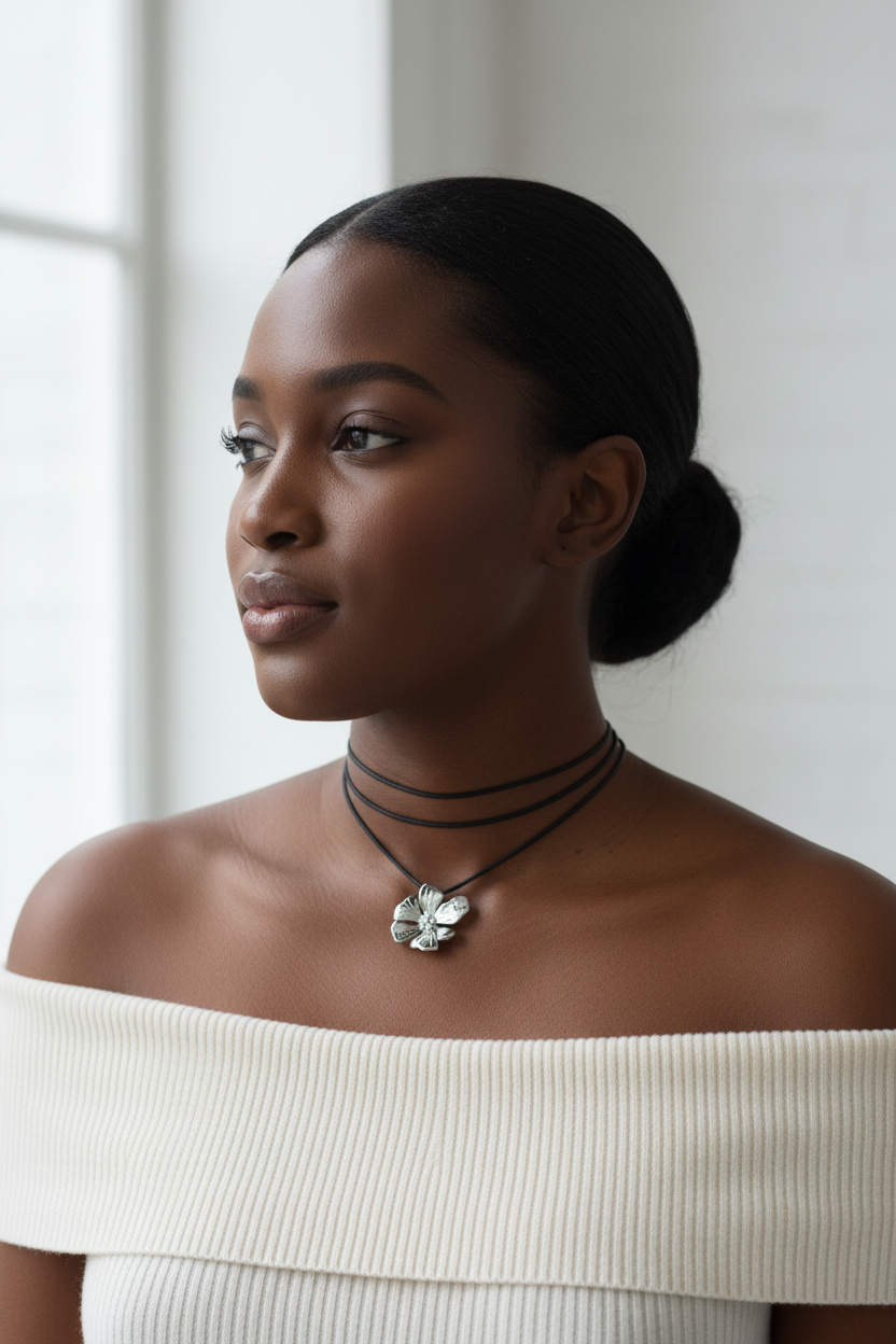 Flower Pendant Cord Necklace in silver on Black model