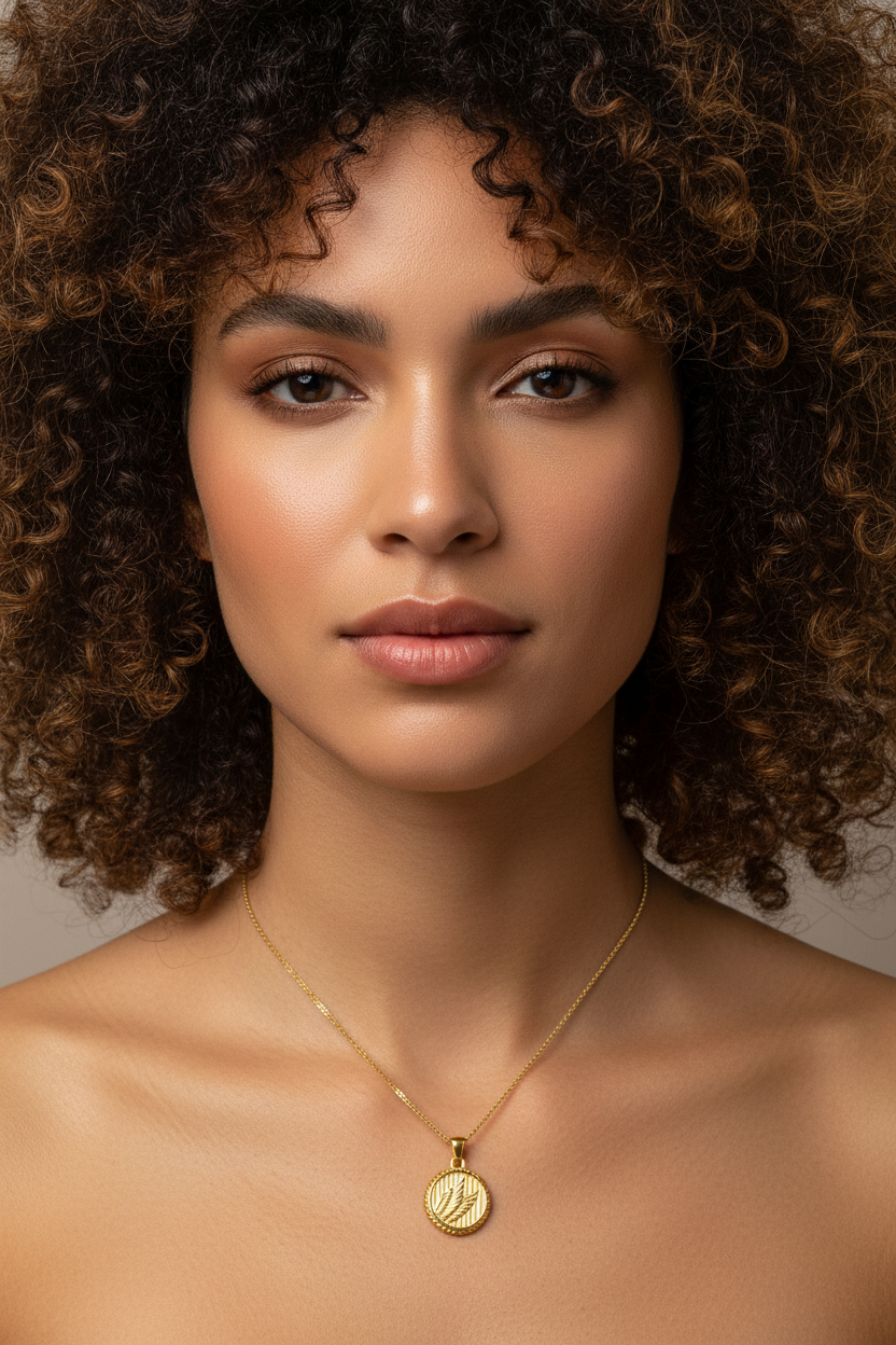Leaf wing pendant on curly haired model