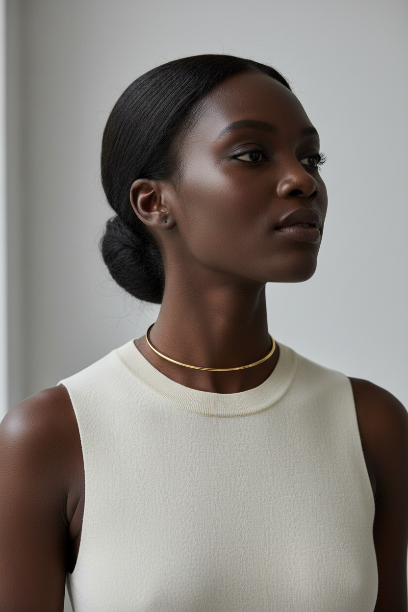 Luna Arc Neck Cuff in gold on Black model as choker