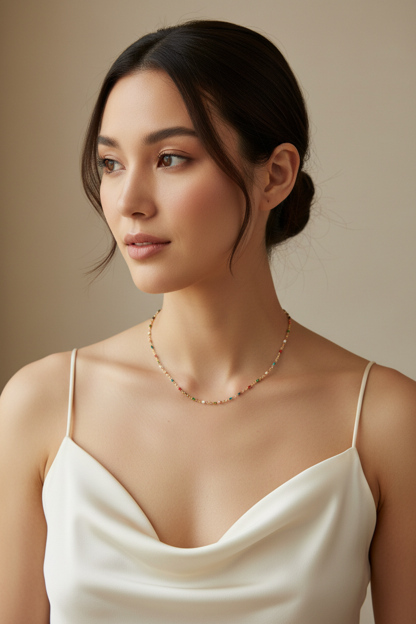 Multicoloured Orchid Necklace on different model