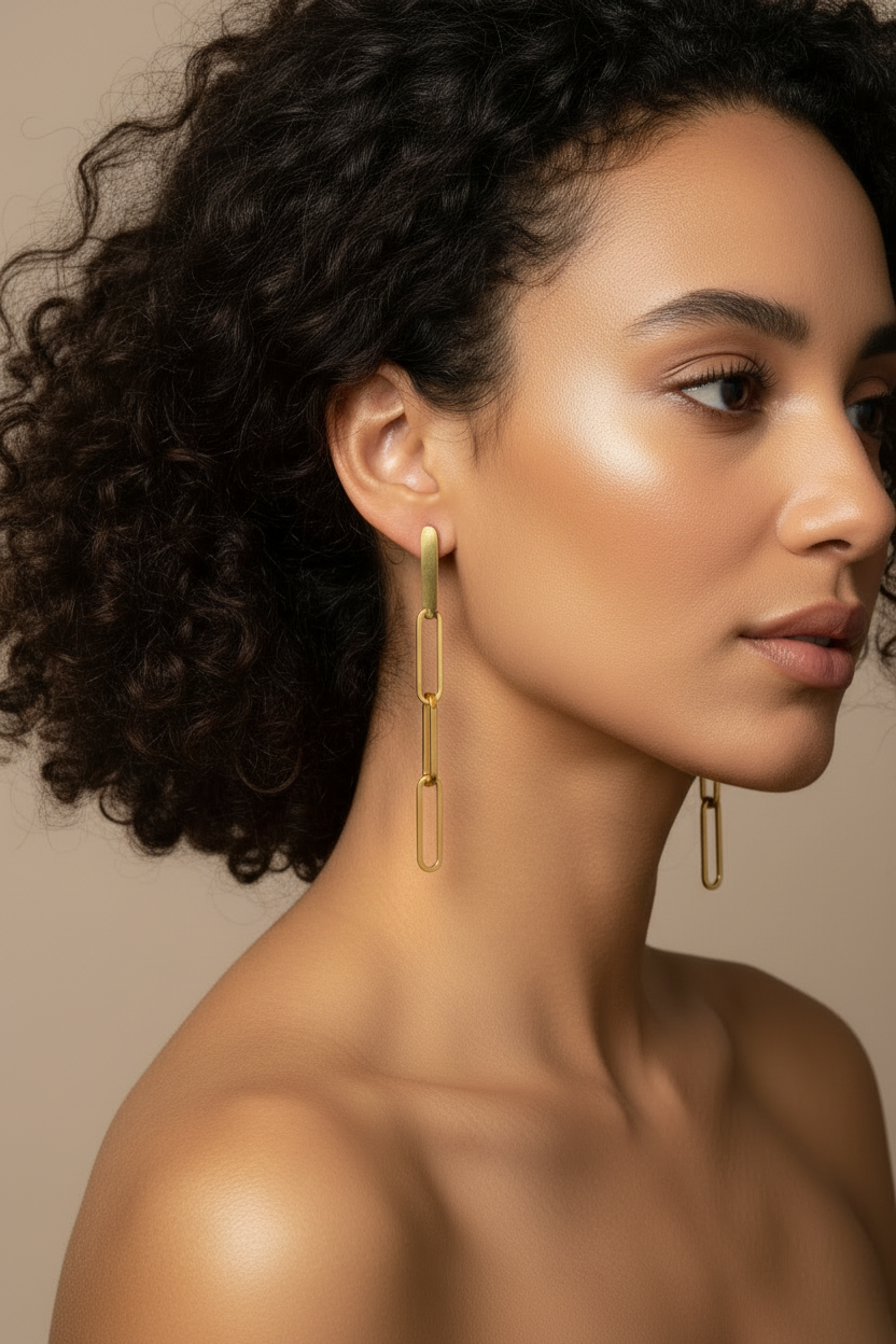 Naag Paper Clip Link Earrings on curly haired model