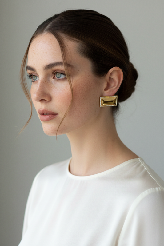 Rectangle Earring With Stones in gold on Caucasian model
