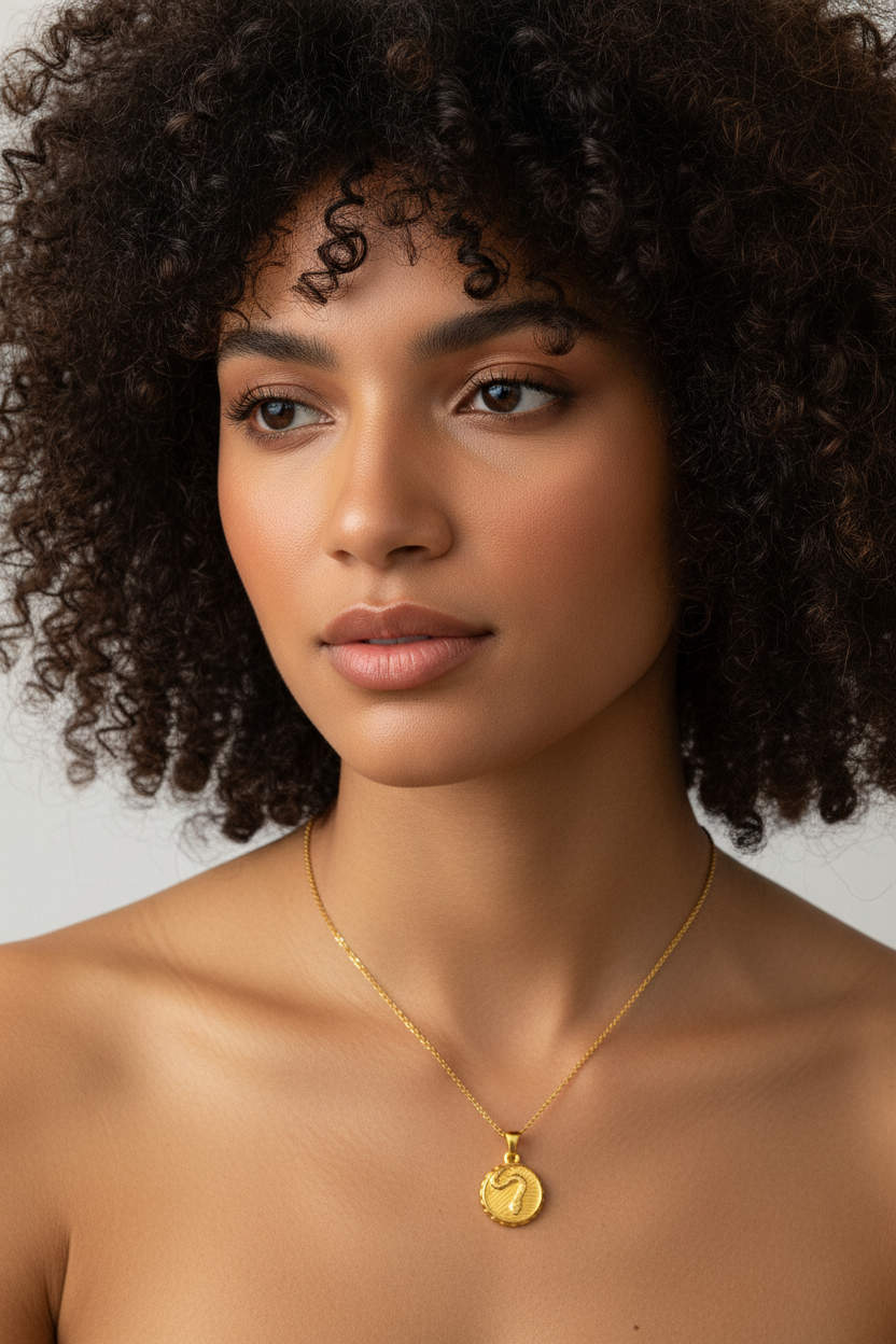 Snake pendant on curly haired model